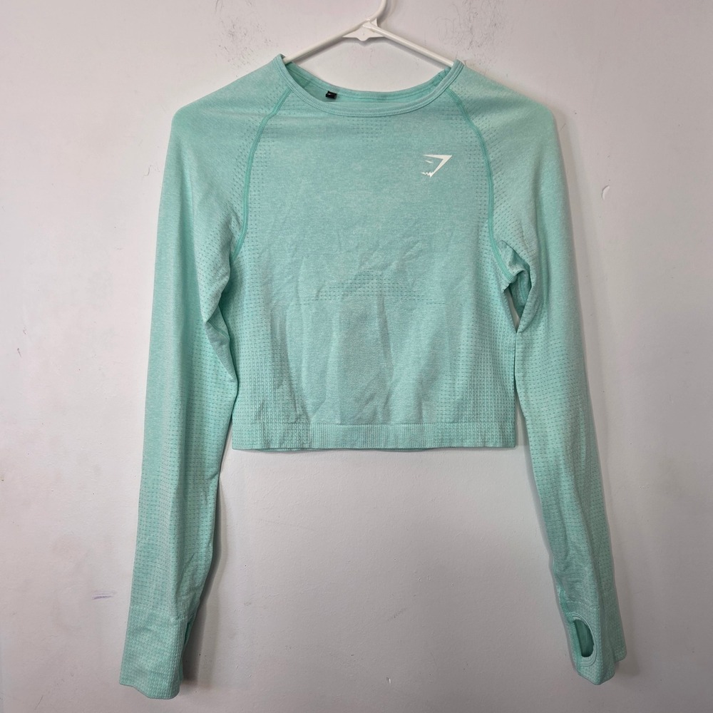 Gymshark Vital Seamless Long Sleeve Crop Top Mint Green Marl Thumbholes Womens